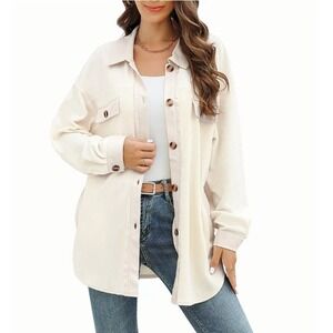 Fashion‎ Fleece Shacket Women Large Cream NEW Button Up Long Sleeve Oversized